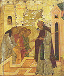 Явление Димитрия с бревном в руках при строительстве третьей церкви (внизу — фундамент здания). Клеймо 15