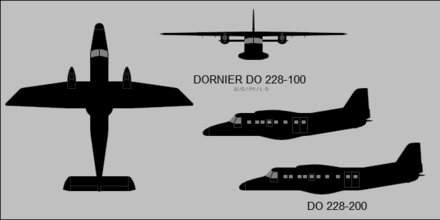 three-view silhouettes : the -100 has eight side windows while the longer -200 has ten Dornier Do 228 three-view silhouette.png