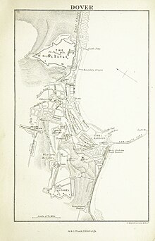 Dover in 1884: the Castle is seen at the top (i.e. to the north-east); Western Heights is laid out below, to the west of the town and harbour. EW(1884) p.047 - Dover - A + C Black (pub).jpg