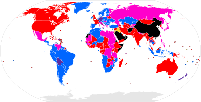 Map showing the main types electoral systems used to elect candidates to the lower or sole (unicameral) house of national legislatures, as of January 2022
:
.mw-parser-output .legend{page-break-inside:avoid;break-inside:avoid-column}.mw-parser-output .legend-color{display:inline-block;min-width:1.25em;height:1.25em;line-height:1.25;margin:1px 0;text-align:center;border:1px solid black;background-color:transparent;color:black}.mw-parser-output .legend-text{}
Majoritarian representation (winner-take-all)
Proportional representation
Mixed-member majoritarian representation
Mixed-member proportional representation
Semi-proportional representation (non-mixed)
No election (e.g. Monarchy) Electoral systems map simplified.svg