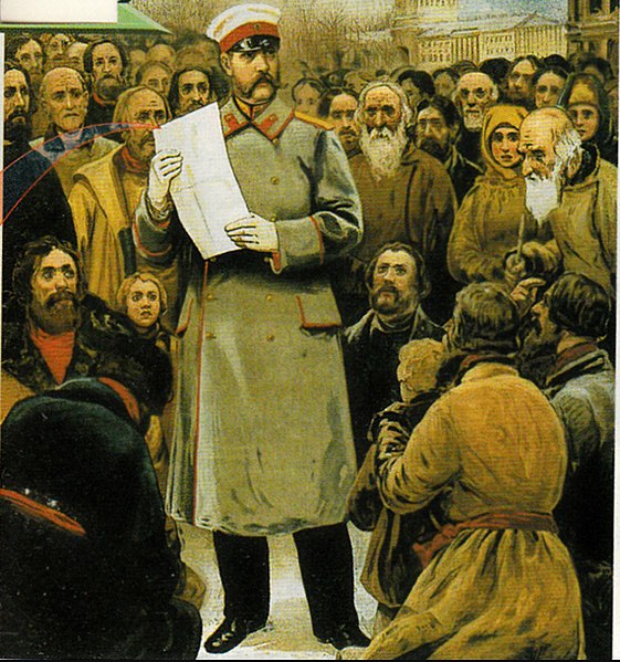 Russian Tsar announcing abolition of serfdom. Details in text.