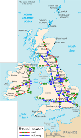 The E-road network in the United Kingdom and Ireland