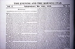 Photograph of a two-columned newspaper. The heading reads: "The Evening and the Morning Star, volume one, Independence, Missouri, June 1832"