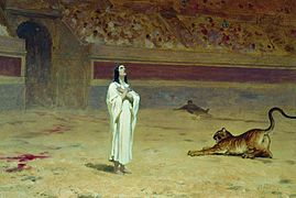 A Roman merchant who sold fake jewels was sentenced to face a lion in the  arena.