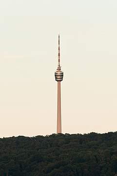 The Fernsehturm Stuttgart (TV Tower Stuttgart) a few minutes after sunset.