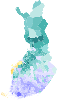 Winning candidate by municipality in the first round:
Sauli Niinisto:
25-30%
30-35%
35-40%
40-45%
45-50%
50-55%
Paavo Vayrynen:
25-30%
30-35%
35-40%
40-45%
45-50%
50-55%
55-60%
60-65%
70-75%
Eva Biaudet:
25-30%
30-35%
35-40%
40-45%
45-50% Finland 2012 presidential election map (first round).svg