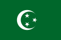 Green flag with a white crescent containing three five-pointed white stars.