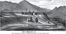 A view of Fort Cumberland, a wooden fort situated on a bluff above a river.