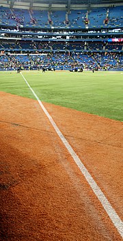 A view along a first base foul line, looking from the outfield wall back towards home plate Foul Line (3339129130) (cropped).jpg