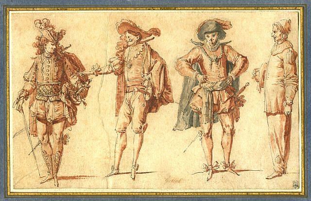 Claude Gillot (1673–1722), Four Commedia dell'arte Figures: Three Gentlemen and Pierrot, c. 1715