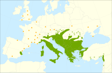 Manna ash tree (Fraxinus ornus) distribution range map.