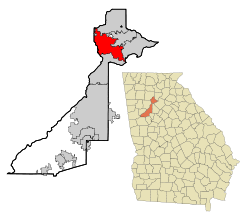 ジョージア州におけるフルトン郡（右図）と同郡におけるロズウェルの位置（左図）