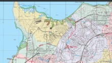 An excerpt of a larger watershed map; this image shows the pathway of Garrity Creek from its source to its mouth in the San Pablo Bay[2]  Sections in red have been altered by development; engineered channels, culverted under ground, or simply moved and straightened.