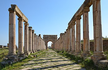 Tétrapyle nord, colonnades et dallage en oblique du cardo maximus.