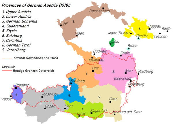 Provinces claimed by German Austria, with the subsequent border of the First Austrian Republic outlined in red.