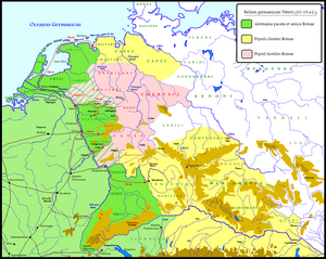 Tiberius and Germanicus's campaigns in AD 10-12, with the Cherusci and their remaining allies in pink Germania 10-12 Tiberio.png