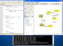 Debugging of a sequence generating a Koch-snowflake (the rules on the left, GrShell with highlighted current rule below, yComp with highlighted match in the host graph on the right) GrGenNETKochSnowflakeMatch.png