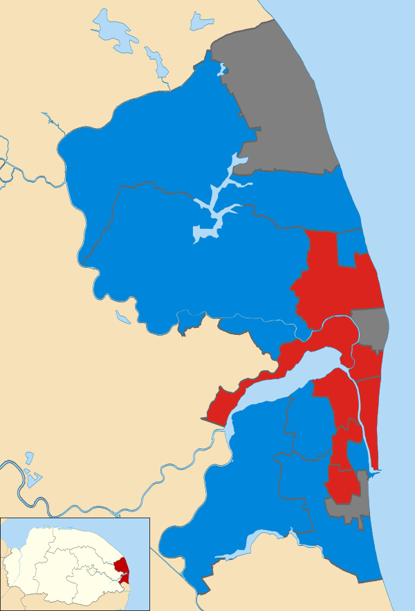 Map of the results of the 2007 Great Yarmouth council election. Conservatives in blue and Labour in red. Wards in grey were not contested in 2007.