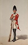 Grenadier of the 40th Regiment of Foot in 1767. (The distinctive mitre-shaped cap worn in grenadier companies allowed grenades to be thrown overarm).