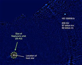 De ster HD 106906 en de planeet HD 106906 b, met de baan van Neptunus in vergelijking.