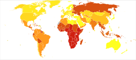 Disability-adjusted life years (DALY) lost from HIV/AIDS in 2012 per million persons.   0-206   233-1,101   1,163-1,401   1,542-1,542   1,644-2,217   2,229-5,603   6,502-6,502   6,828-7,174   7,220-26,889   28,456-357,760 * Countries are divided approximately by population into ten groups. * Dependencies of France, United Kingdom, United States of America, The Netherlands and Denmark are grouped with their respective countries.