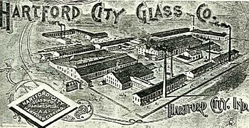 oude tekening van een glasfabriek