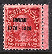 A red two-cent stamp showing George Washington, facing left. The design is overprinted with the words HAWAII 1778–1928.