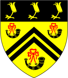 Arms of Hornby of Dalton Hall: Or, two chevronels between three bugle-horns sable stringed gules on a chief of the second as many eagle's legs erased of the first HornbyArms.png