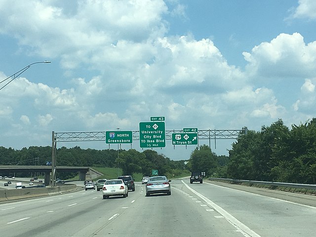 I-85 northbound at the exit for US 29/NC 49 in Charlotte