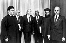 Shah Ahmad Noorani Siddiqui, (JUP) Pakistan (second from right) led an international peace delegation to UN Secretary-General Javier Perez de Cuellar (third from left) for an end to the Iran-Iraq War:(New York, 16 June 1988) IPOIranIraq.jpg