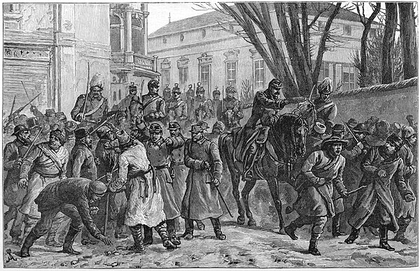 Riots in Bucharest: Dispersing the rioters in the street. The Illustrated London News, April 14, 1888