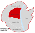 Diese Karte zeigt die Innenstadt von Köln. In roter Farbe sieht man den Nordteil der Altstadt.