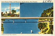 Postcard of the monument and old James Rumsey Bridge James Rumsey Bridge and monument, Shepherdstown, West Virginia (68784).jpg