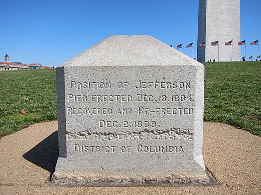 The west side of the Jefferson Pier in April 2011, with the Washington Monument in the background.