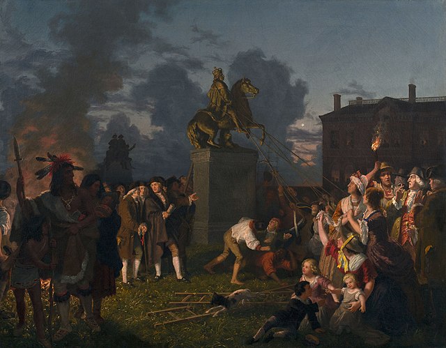Pulling Down the Statue of King George III, N.Y.C., (c. 1859) A romanticized Victorian era painting with historical inaccuracies: the sculpture is dep