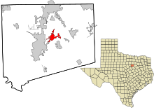 Áreas incorporadas y no incorporadas del condado de Johnson en Texas Keene destacó.svg