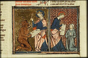 Fol. 6v: Marie reprend le contrat au diable et le donne à Théophile