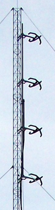 Crossed-dipole antenna array of station KENZ's 94.9 MHz, 48 kW transmitter on Lake Mountain, Utah. It radiates circularly polarized radio waves.