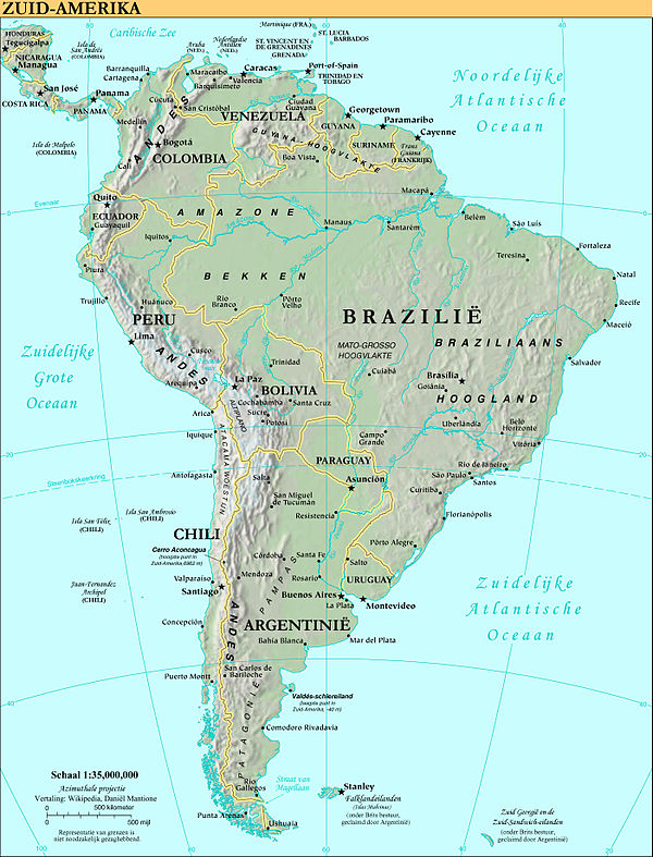 Kaart van Zuid-Amerika.