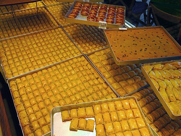 Large baking sheets are used for preparing baklava.