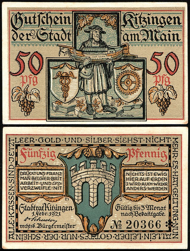 Банкнота-нотгельд в 50 пфеннигов, выпущенная в Китцингене в 1921 году