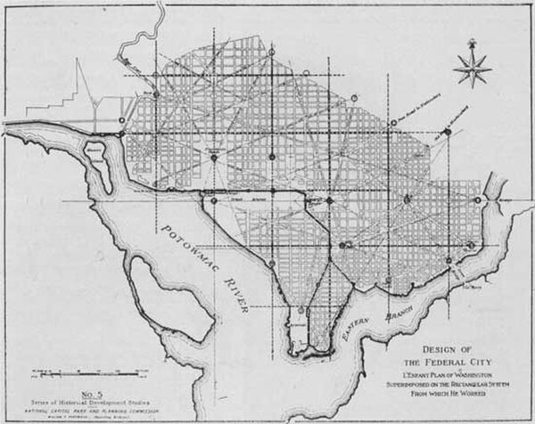 Design of the Federal City: L'Enfant Plan of Washington Superimposed on the Rectangular System From which He Worked (1930)