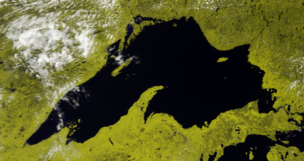 False color view of Lake Superior as seen by the AVHRR instrument onboard MetOp-B. Made in a 221 composition, so colors are approximate. Received by an amateur station via the HRPT downlink with a 1m parabolic antenna.