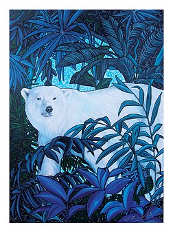 Tableau Caroline Basuyau ours blanc foret vierge bleu nuit