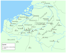 Southern part of the Low Countries with bishopry towns and abbeys ca. 7th century. Lage Landen (Frankische Tijd).svg