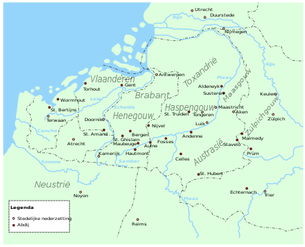 Southern part of the Low Countries with bishopry towns and abbeys ca. 7th century.
