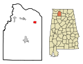 This map shows the incorporated and unincorporated areas in Lawrence County, Alabama, highlighting Hillsboro in red. It was created with a custom script with US Census Bureau data and modified with Inkscape.