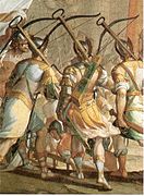 Фрагмент фрески изображающая участие генуэзских арбалетчиков в осаде Иерусалима (Дворец Катанео-Адорно, Генуя).
