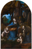 Virgin of the Rocks oil on poplar wood 189 × 120 cm (74.4 × 47.2 in) National Gallery, London