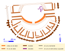 Plan schématique d'un théâtre antique indiquant, par un jeu de couleurs, les étapes de sa construction.